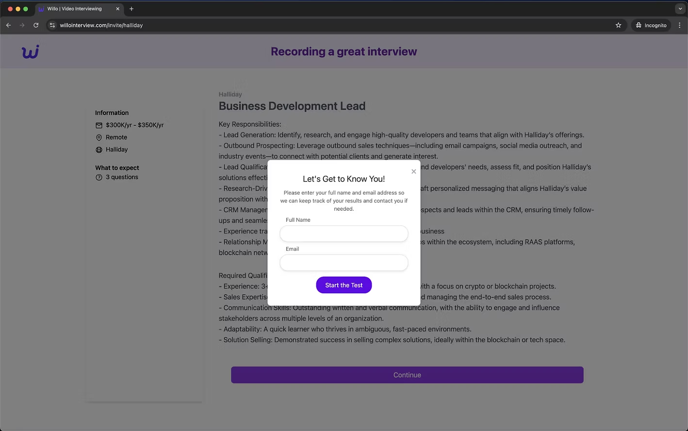 Screenshot of a fake “Willo” interview website page for a Business Development Lead role with a form requesting full name and email.