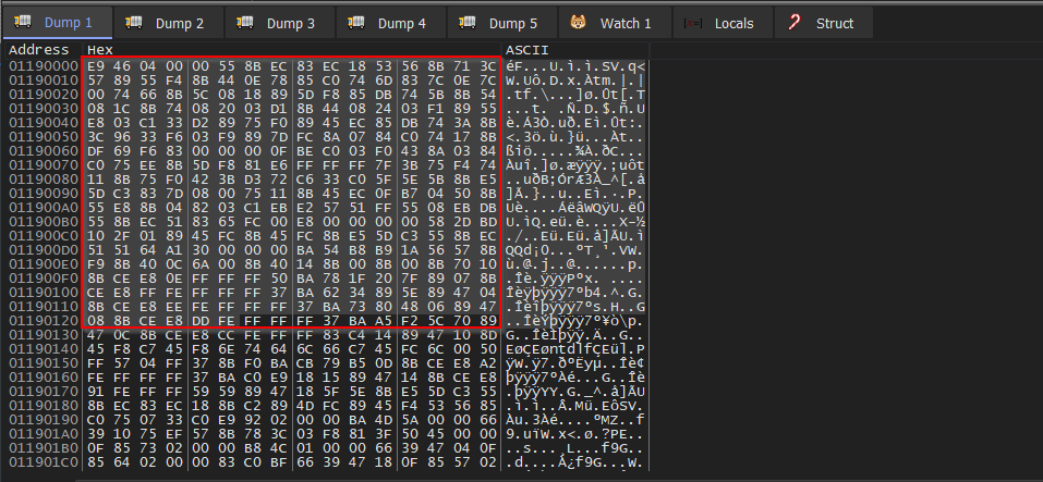 memory dump view showing the decrypted shellcode
