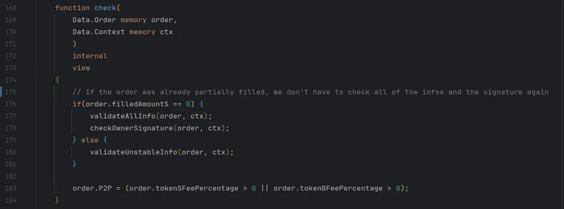 Solidity code snippet illustrating conditional checks for partially filled orders in Loopring.