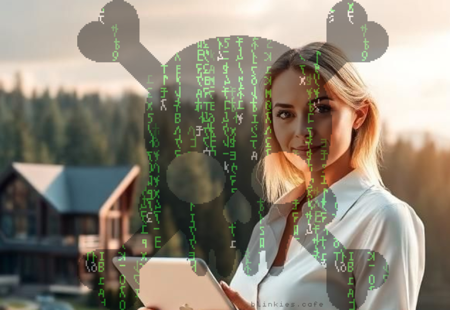 Woman working on a laptop while a digital skull and crossbones is overlaid, with glowing green characters cascading downward in vertical columns, symbolizing a cyber threat.