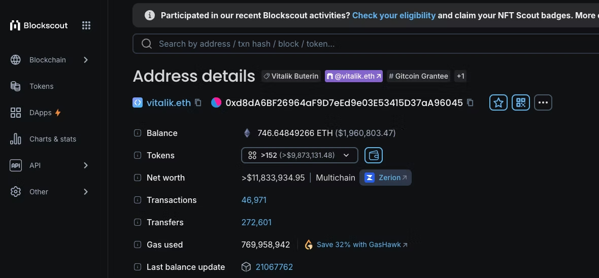 Screenshot of a Blockscout page displaying address details, balance, and transaction metrics for the same Ethereum wallet.