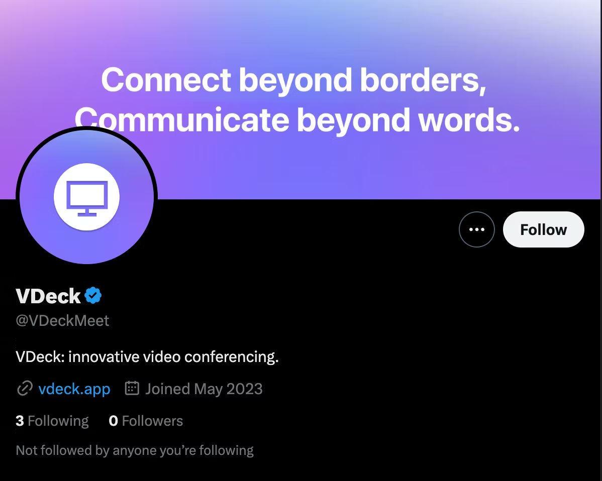 Another fake verified VDeck Twitter account impersonating a real video service.