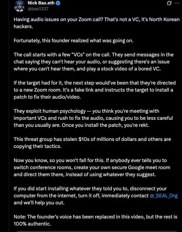 X post explaining how fake VC calls exploit audio issues to trick victims into installing malware.