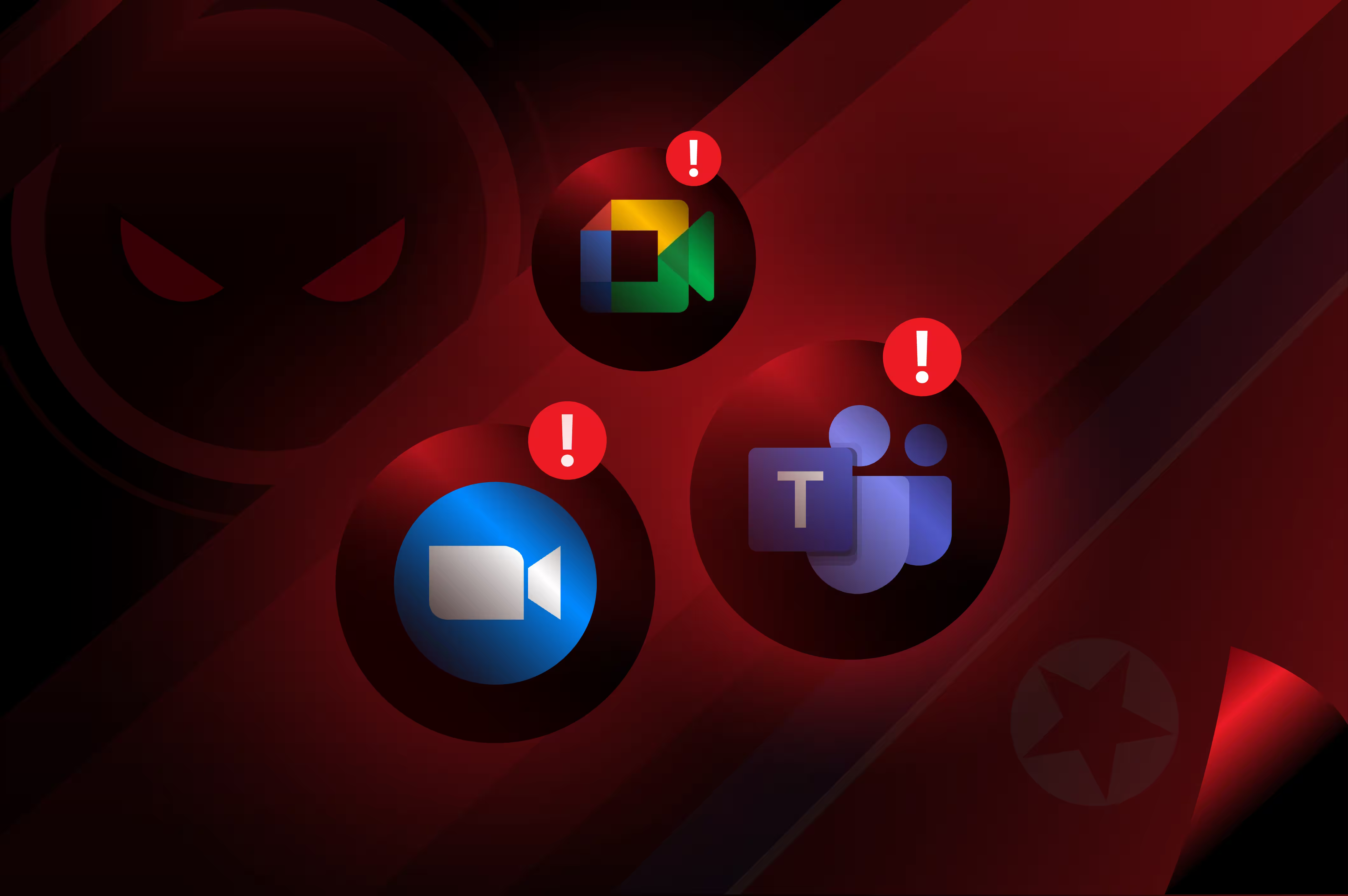 Logos of Zoom, Google Meet, and Microsoft Teams with red exclamation marks, overlaid on a dark background featuring an ominous network node, representing video conferencing hacks.