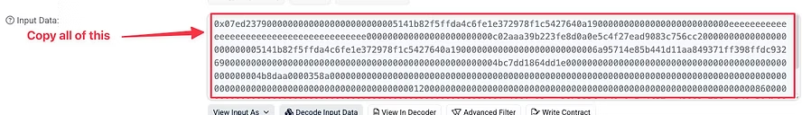 Close-up of raw Ethereum transaction hex data in a red-bordered box.