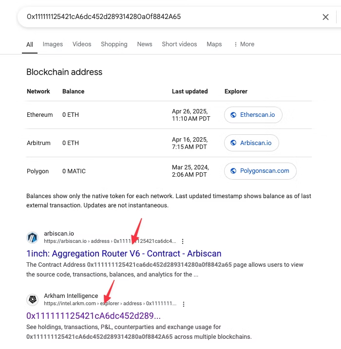 Blockchain address list with networks and highlighted 1inch contract address.