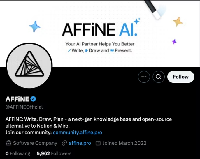 Screenshot of the official AFFiNE AI X (Twitter) profile promoting an open-source workspace app.