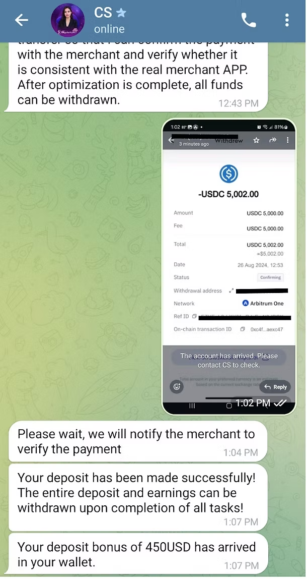WhatsApp conversation with scammer about paying a deposit for a task.