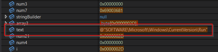 Debugger locals view showing the decrypted registry path SOFTWARE\Microsoft\Windows\CurrentVersion\Run in the text variable, confirming the persistence key written by the malware to survive reboots.