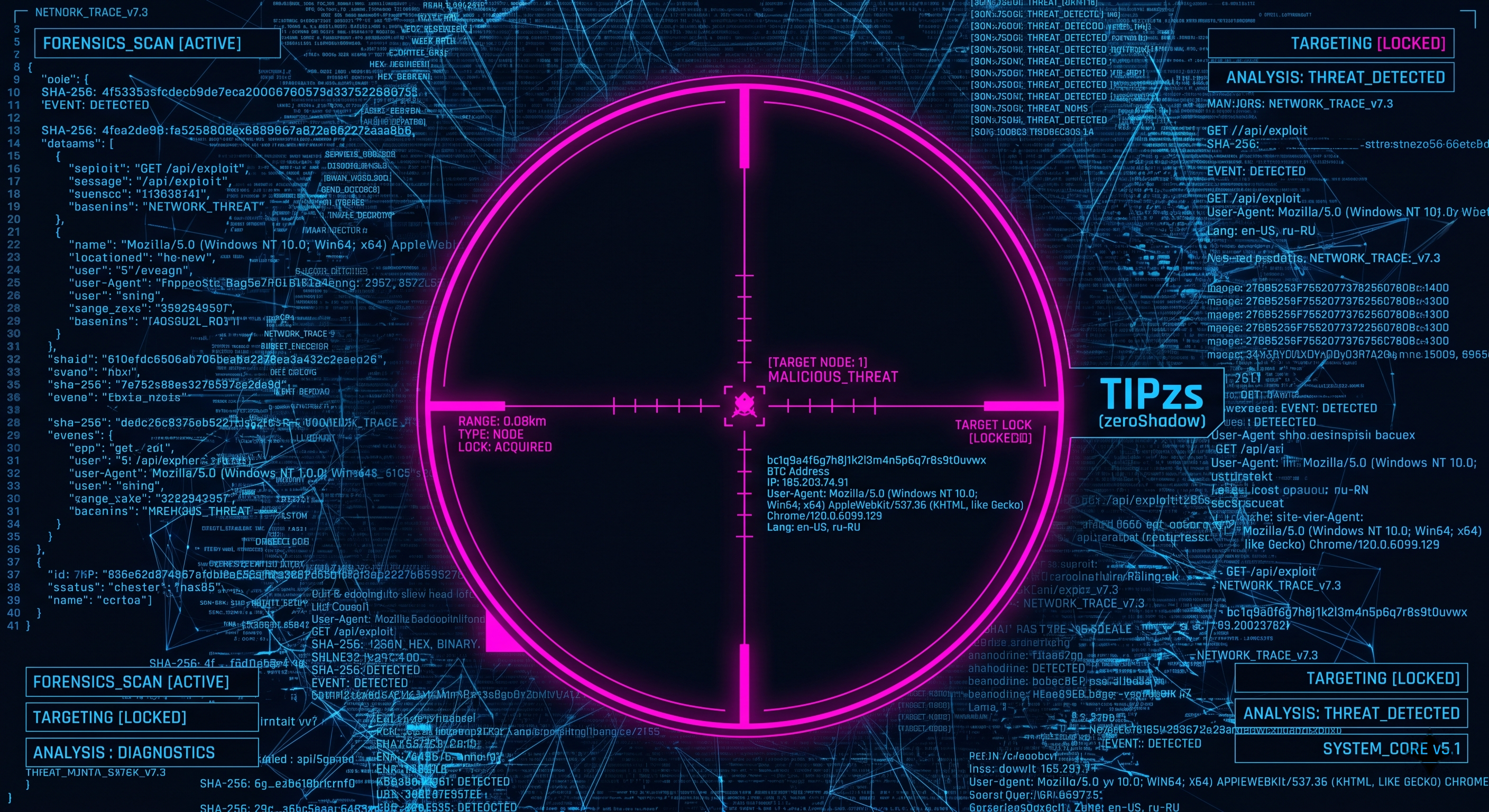 Dark mode cyber-forensics interface in a Tron cyberpunk style, featuring a Neon Pink sniper reticle by TIPzs (zeroShadow) isolating a single crypto threat node and its metadata from a chaotic field of Neon Blue data noise.