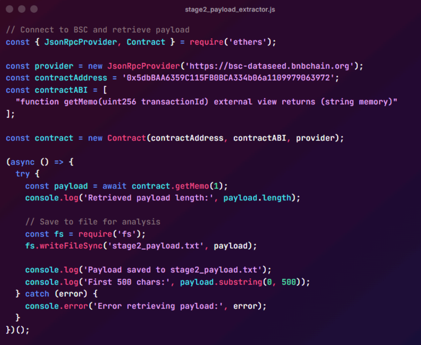 Screenshot of the script to obtain the JavaScript payload from the blockchain
