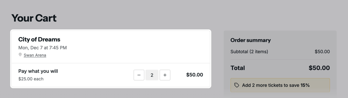 The cart shows the price for each ticket