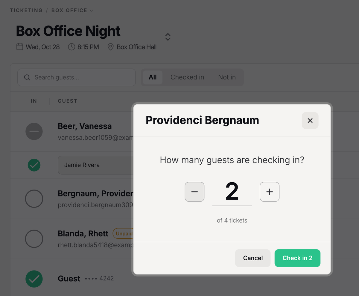 Choose how many are checking in