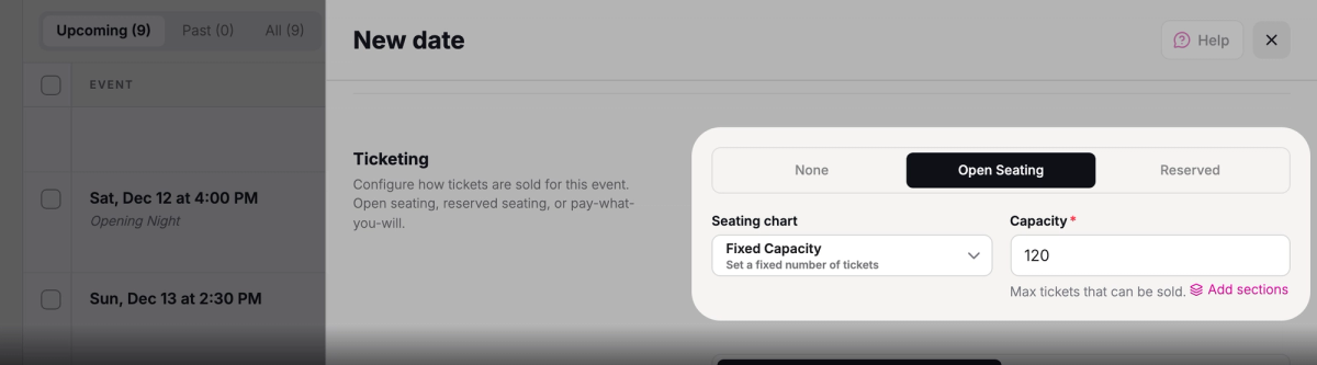 Choose Open Seating and enter a capacity