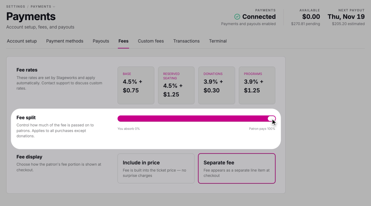 Drag the Fee split slider