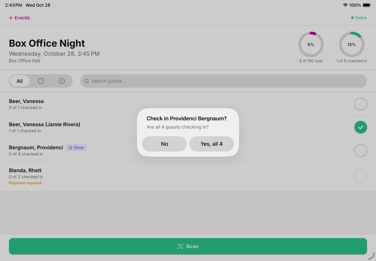 Choose whether the whole party is checking in