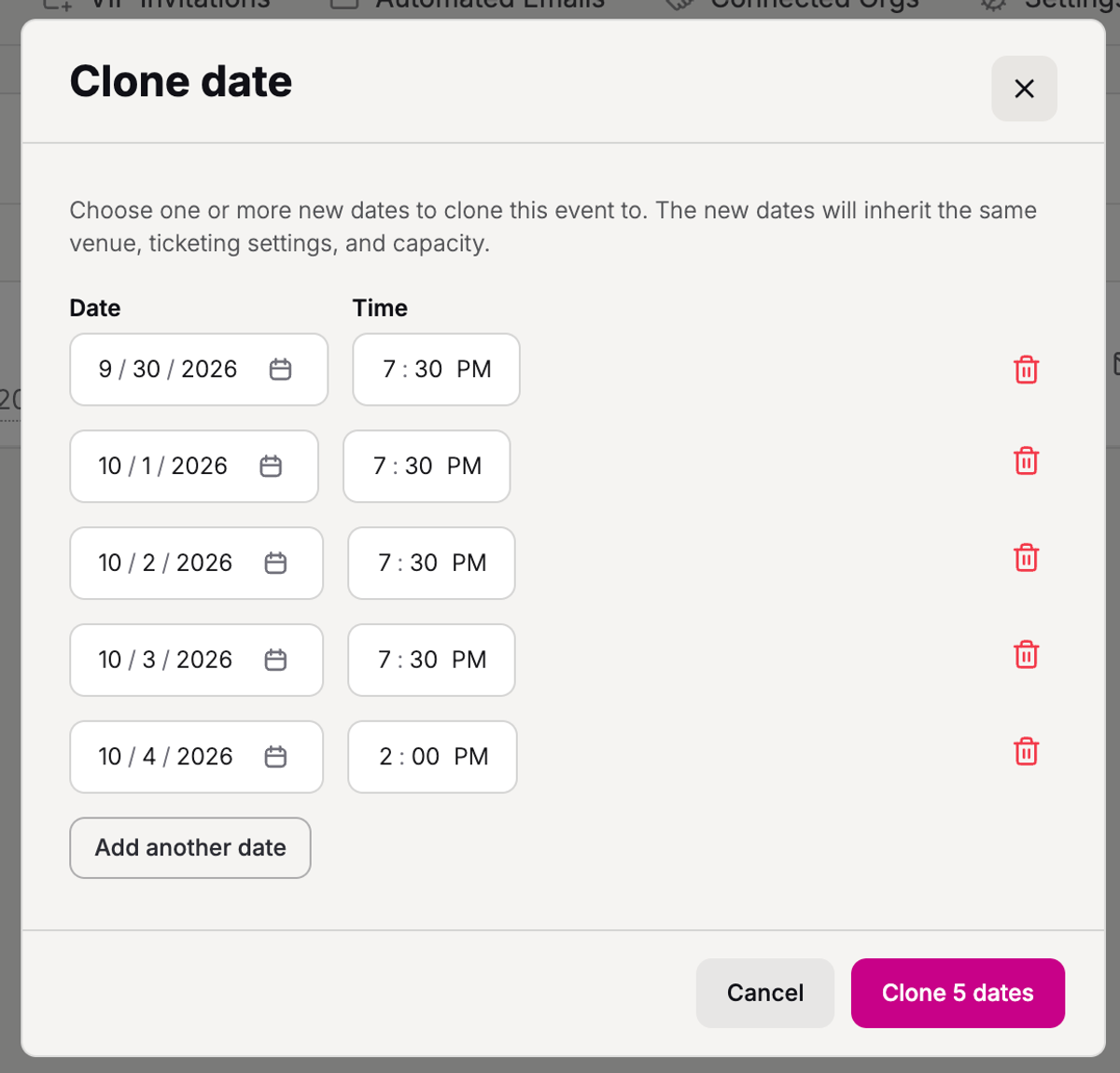 Choose the dates and times for your cloned events