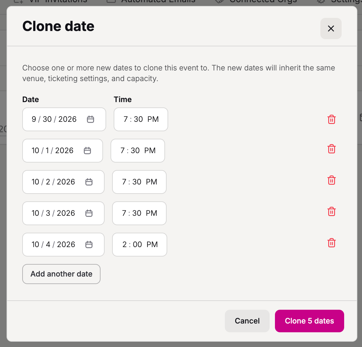 Choose the dates and times for your cloned events