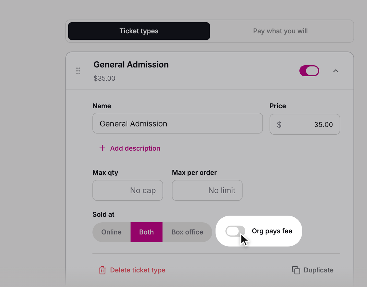 Turn on Org pays fee
