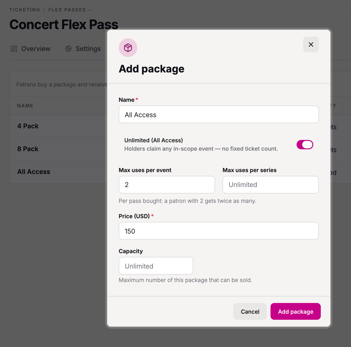 Add an All Access package with its limits