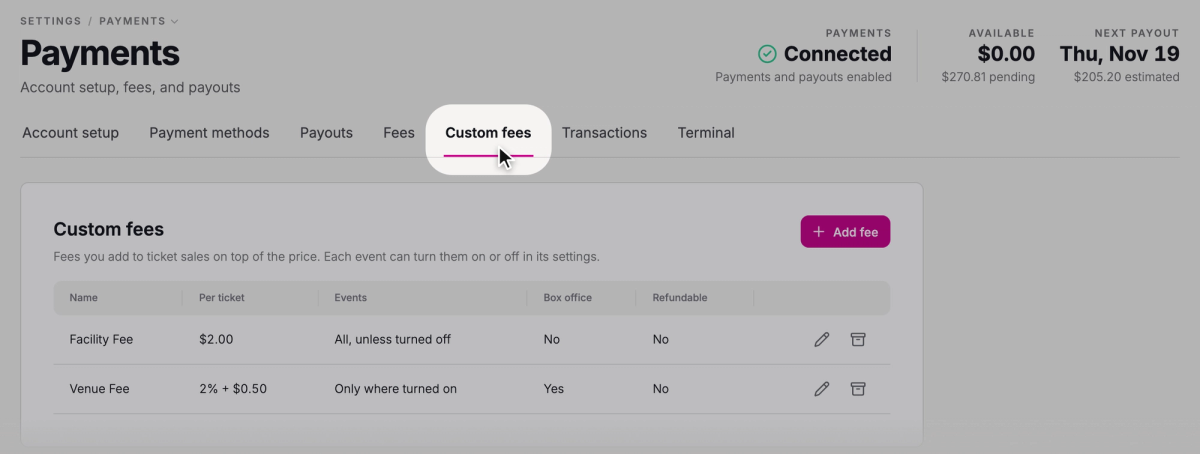 Open the Custom fees tab