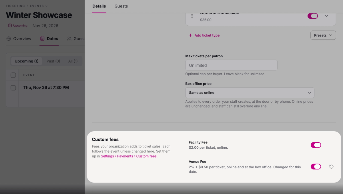 Turn a fee on or off for one date
