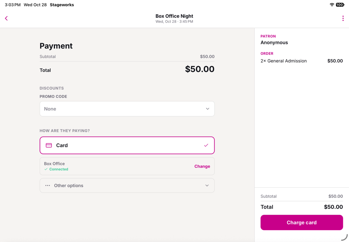 Choose how the patron is paying