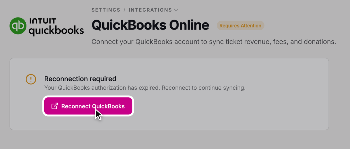 Click Reconnect QuickBooks