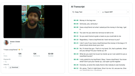 Transcript365 result page after successfully transcribing a TikTok video, showing a high-accuracy transcript and export options for TXT, SRT, and WebVTT