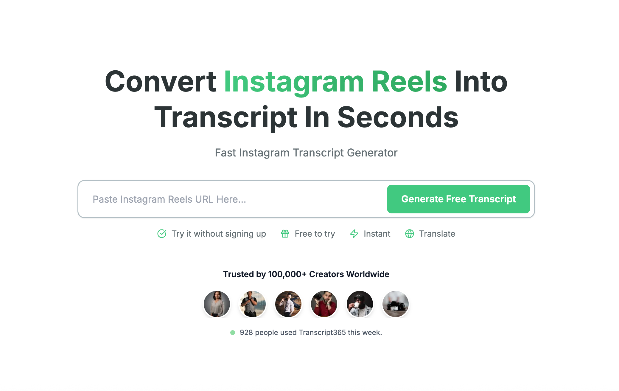 Transcript365 web dashboard tutorial, paste Instagram Reels link for instant transcription online