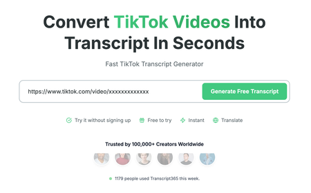 Transcript365 online video-to-text tool interface, where users paste social media links, manage history, and download transcripts in multiple formats