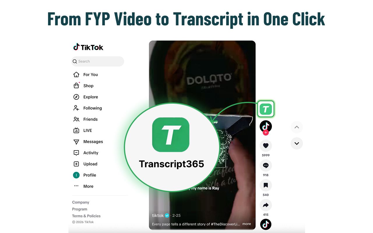 Screenshot of the Transcript365 Chrome Extension on a social media page, showing one-click AI Transcription and instant short-video transcript generation