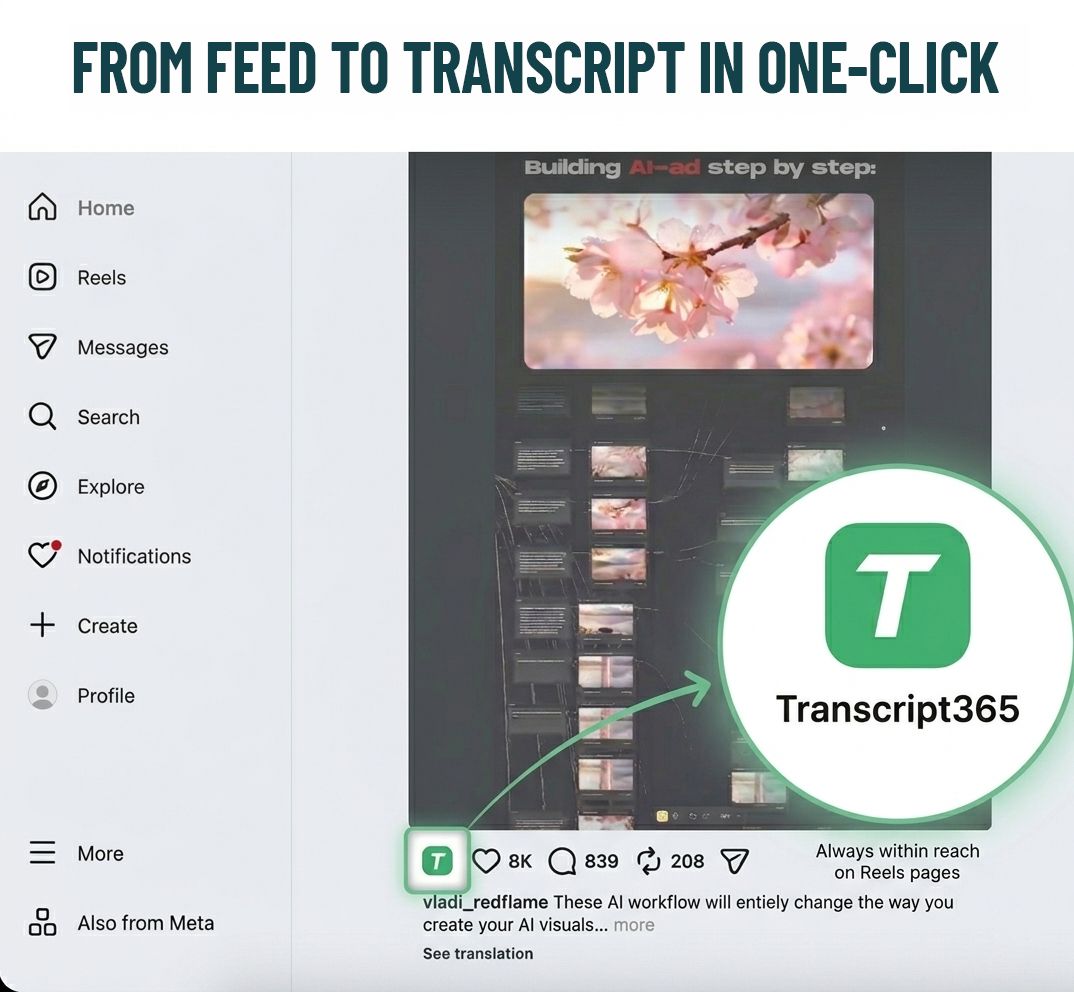 Transcript365 Chrome Extension one-click Instagram feed to transcript tool