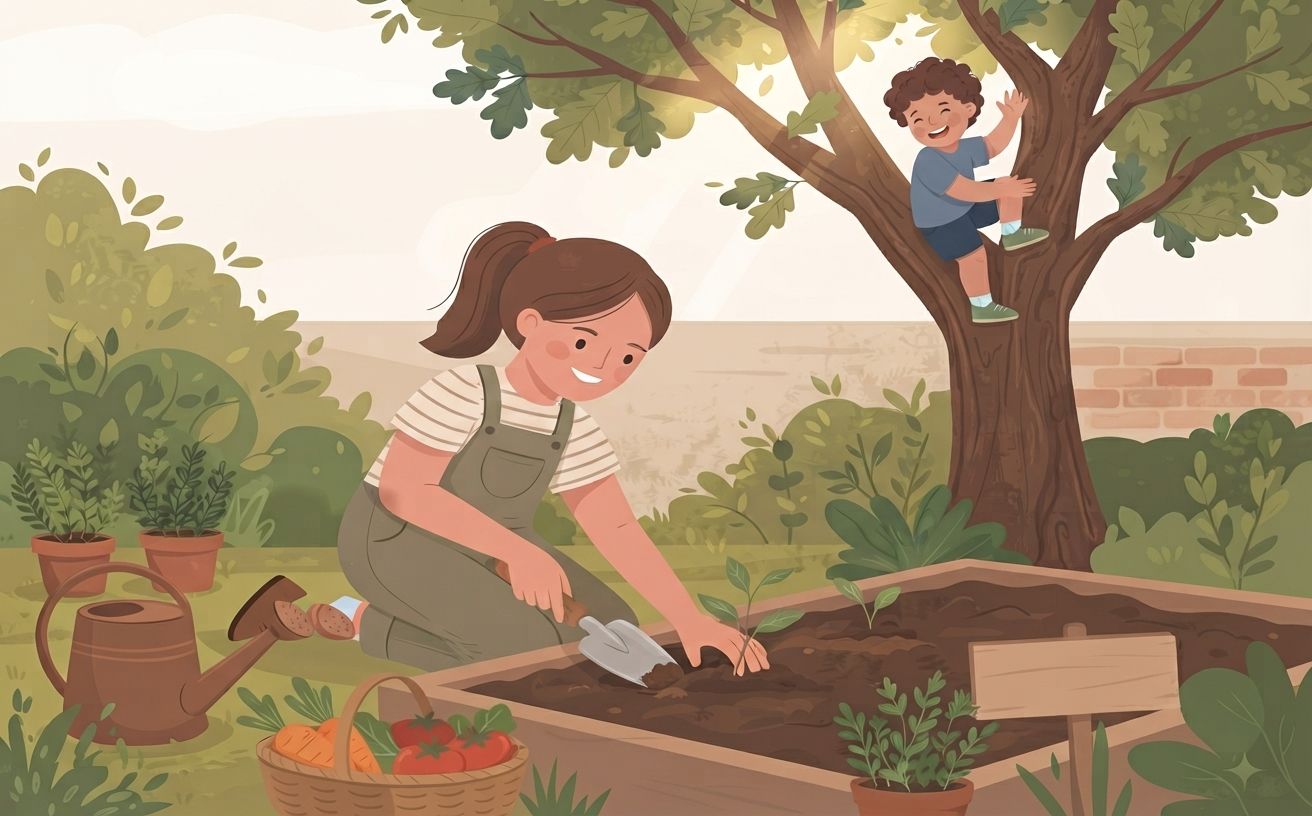 An illustrated scene in a garden. In the foreground, a woman with brown hair in a ponytail, wearing a striped shirt and green overalls, is kneeling beside a wooden raised garden bed, using a small trowel to plant a seedling. To her left, a rustic watering can rests on the grass, and a wicker basket overflows with carrots and tomatoes. In the background, a large tree stands on the right, and a small, smiling boy is happily climbing its lower branches, waving with one hand. More potted herbs and lush bushes surround them. The overall style is friendly and flat-colored, with soft, warm sunlight filtering through the leaves. A blank wooden signpost is on the right side of the garden bed.