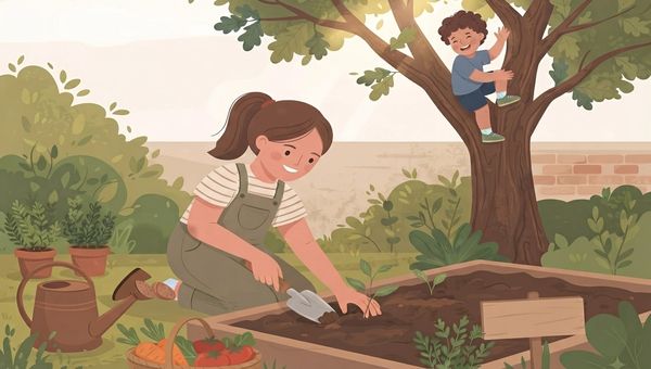 An illustrated scene in a garden. In the foreground, a woman with brown hair in a ponytail, wearing a striped shirt and green overalls, is kneeling beside a wooden raised garden bed, using a small trowel to plant a seedling. To her left, a rustic watering can rests on the grass, and a wicker basket overflows with carrots and tomatoes. In the background, a large tree stands on the right, and a small, smiling boy is happily climbing its lower branches, waving with one hand. More potted herbs and lush bushes surround them. The overall style is friendly and flat-colored, with soft, warm sunlight filtering through the leaves. A blank wooden signpost is on the right side of the garden bed.