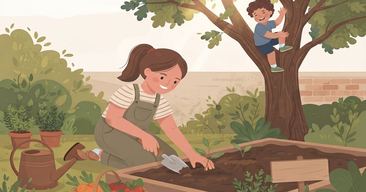 An illustrated scene in a garden. In the foreground, a woman with brown hair in a ponytail, wearing a striped shirt and green overalls, is kneeling beside a wooden raised garden bed, using a small trowel to plant a seedling. To her left, a rustic watering can rests on the grass, and a wicker basket overflows with carrots and tomatoes. In the background, a large tree stands on the right, and a small, smiling boy is happily climbing its lower branches, waving with one hand. More potted herbs and lush bushes surround them. The overall style is friendly and flat-colored, with soft, warm sunlight filtering through the leaves. A blank wooden signpost is on the right side of the garden bed.