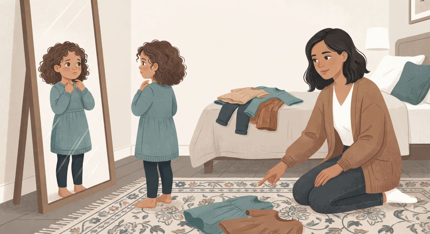 An illustration in a warm, muted vector art style depicting a child and an adult in a cozy bedroom. On the left, a young girl with curly brown hair, wearing a green tunic and dark leggings, stands in front of a large floor-length mirror, looking at her reflection with a thoughtful, hesitant expression. On the right, a woman with dark wavy hair tied back, wearing a brown cardigan and jeans, is kneeling on a patterned rug next to a bed with a pile of clothes on it, gently pointing toward clothing spread out on the floor while looking empathetically toward the girl. The color palette features soft creams, charcoal, teal, and warm browns, creating a soft, tender, and domestic atmosphere.