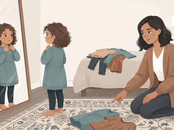 An illustration in a warm, muted vector art style depicting a child and an adult in a cozy bedroom. On the left, a young girl with curly brown hair, wearing a green tunic and dark leggings, stands in front of a large floor-length mirror, looking at her reflection with a thoughtful, hesitant expression. On the right, a woman with dark wavy hair tied back, wearing a brown cardigan and jeans, is kneeling on a patterned rug next to a bed with a pile of clothes on it, gently pointing toward clothing spread out on the floor while looking empathetically toward the girl. The color palette features soft creams, charcoal, teal, and warm browns, creating a soft, tender, and domestic atmosphere.