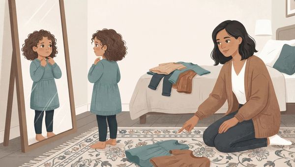 An illustration in a warm, muted vector art style depicting a child and an adult in a cozy bedroom. On the left, a young girl with curly brown hair, wearing a green tunic and dark leggings, stands in front of a large floor-length mirror, looking at her reflection with a thoughtful, hesitant expression. On the right, a woman with dark wavy hair tied back, wearing a brown cardigan and jeans, is kneeling on a patterned rug next to a bed with a pile of clothes on it, gently pointing toward clothing spread out on the floor while looking empathetically toward the girl. The color palette features soft creams, charcoal, teal, and warm browns, creating a soft, tender, and domestic atmosphere.