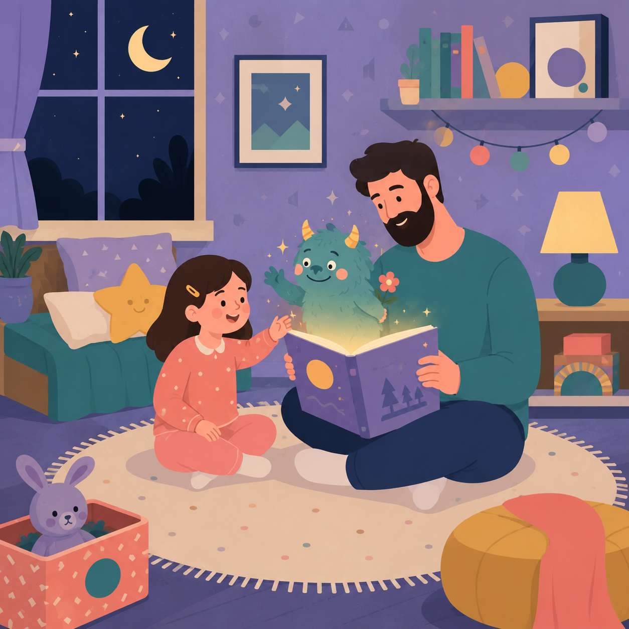 Father and daughter reading a personalized bedtime story together in a cozy children's bedroom at night. A friendly blue monster emerges from the glowing storybook, smiling and waving while holding a small flower. The child reaches toward the monster with curiosity as moonlight shines through the window, creating a warm, comforting atmosphere that encourages children to face fears through storytelling.