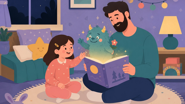 Father and daughter reading a personalized bedtime story together in a cozy children's bedroom at night. A friendly blue monster emerges from the glowing storybook, smiling and waving while holding a small flower. The child reaches toward the monster with curiosity as moonlight shines through the window, creating a warm, comforting atmosphere that encourages children to face fears through storytelling.