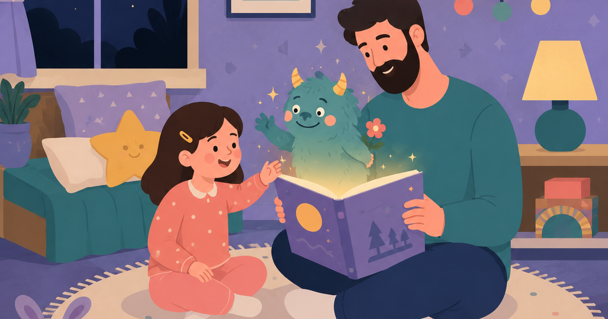 Father and daughter reading a personalized bedtime story together in a cozy children's bedroom at night. A friendly blue monster emerges from the glowing storybook, smiling and waving while holding a small flower. The child reaches toward the monster with curiosity as moonlight shines through the window, creating a warm, comforting atmosphere that encourages children to face fears through storytelling.