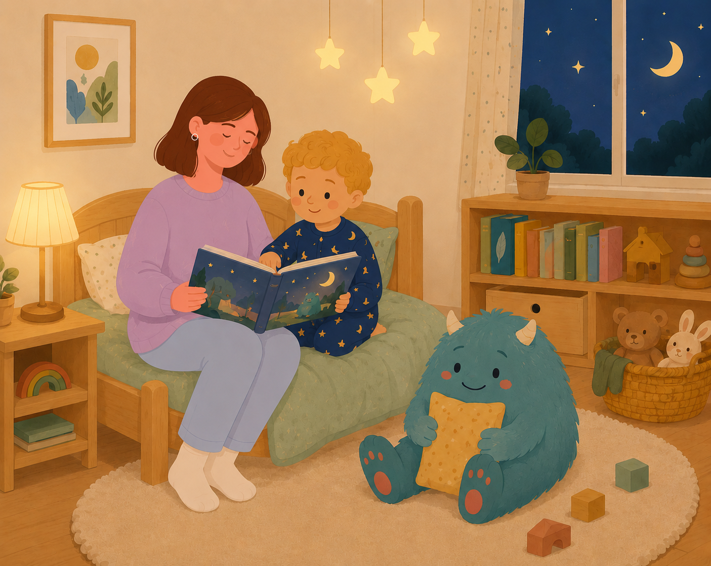 A mother reads a bedtime story with her son in a cozy bedroom while a friendly fluffy monster hugs a pillow nearby, creating a warm, comforting atmosphere under the moonlit night sky.