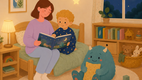 A mother reads a bedtime story with her son in a cozy bedroom while a friendly fluffy monster hugs a pillow nearby, creating a warm, comforting atmosphere under the moonlit night sky.
