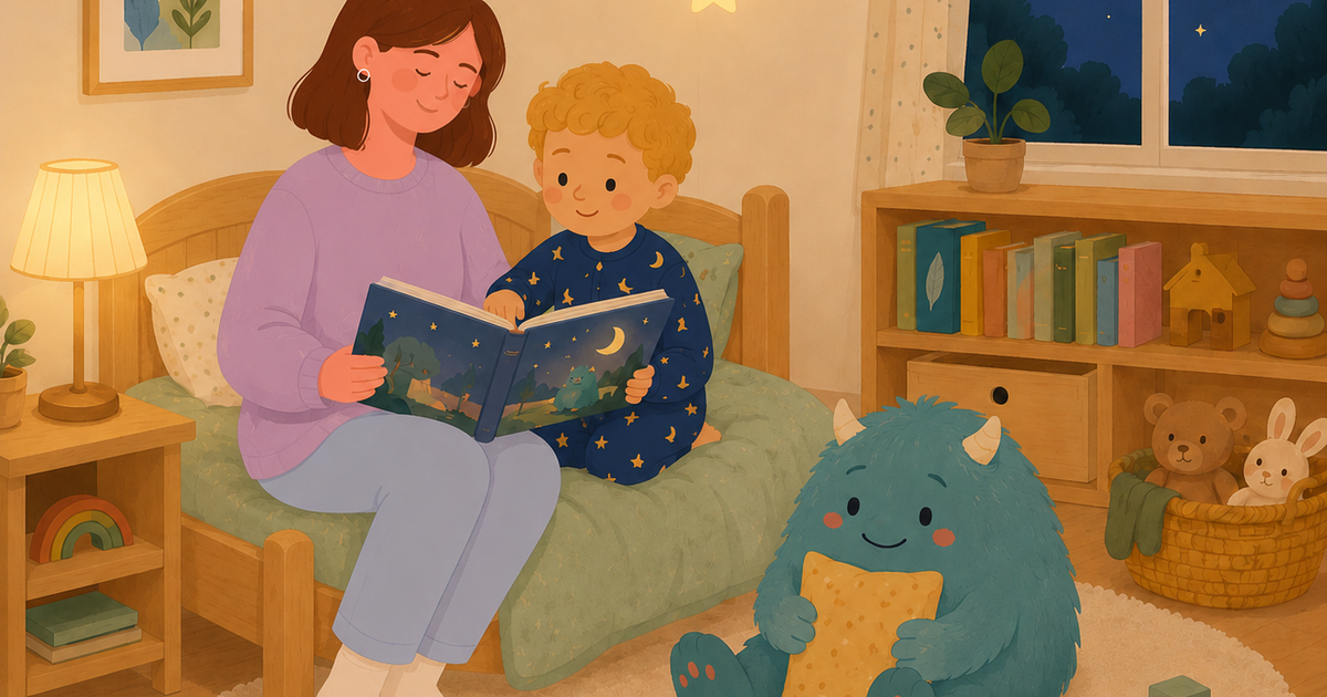 A mother reads a bedtime story with her son in a cozy bedroom while a friendly fluffy monster hugs a pillow nearby, creating a warm, comforting atmosphere under the moonlit night sky.