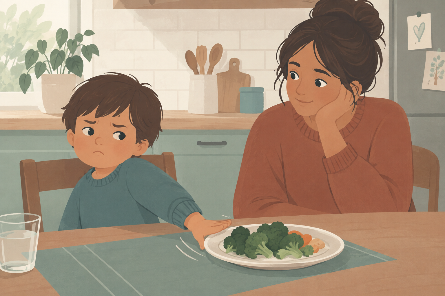 A child pushes away a plate of broccoli at the dinner table while their mother watches calmly, illustrating the challenges of introducing new foods to children.