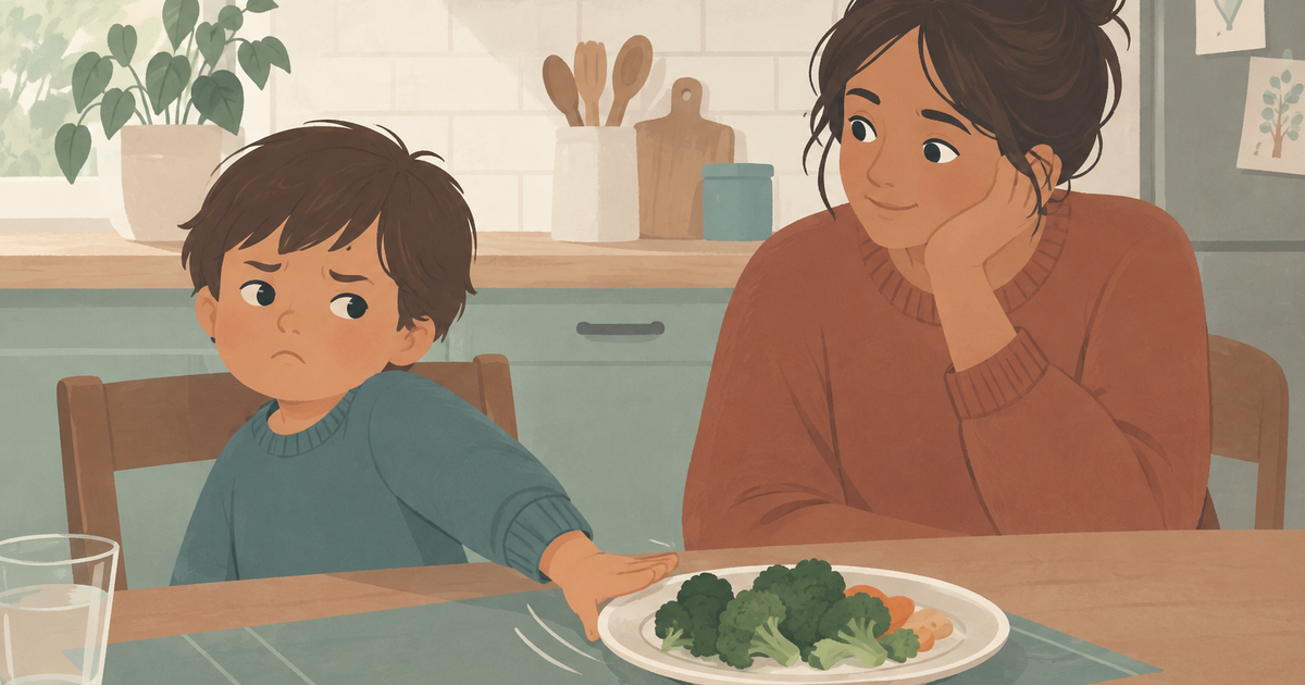 A child pushes away a plate of broccoli at the dinner table while their mother watches calmly, illustrating the challenges of introducing new foods to children.
