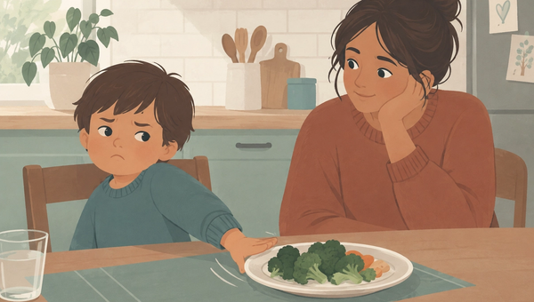 A child pushes away a plate of broccoli at the dinner table while their mother watches calmly, illustrating the challenges of introducing new foods to children.